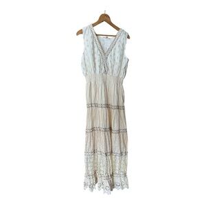 White Tiered Cotton Maxi Dress with Plunge Neckline